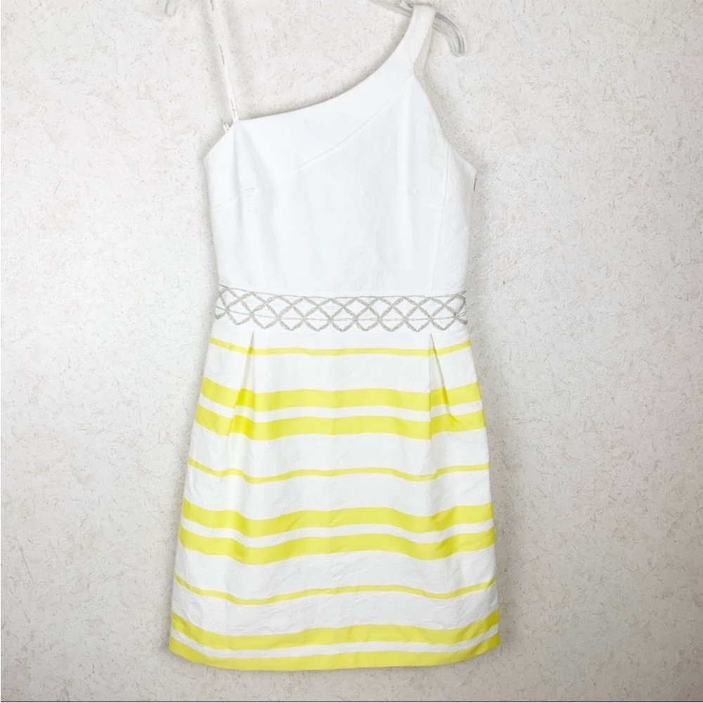 NWT $320 Laura Bernal One-Shoulder White and Yellow Striped Dress - Picture 2 of 14